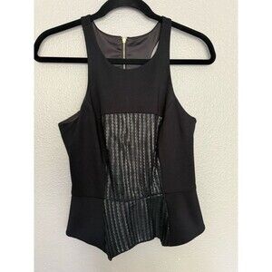 Jay Godfrey Black Sequin Peplum Top, Structured Racerback, Gold Zip, Size 2